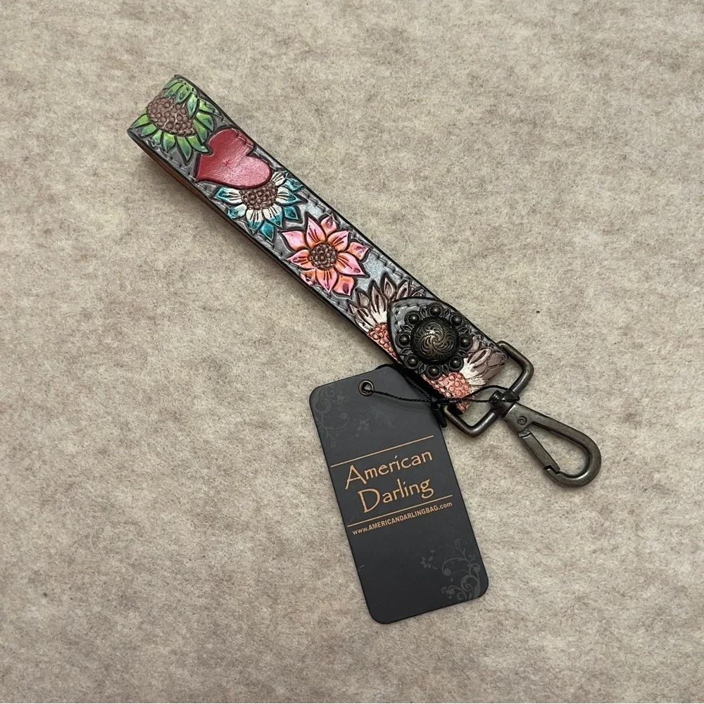 American Darling ADWSF125 Floral Tooled Leather Keychain Wristlet Gray New